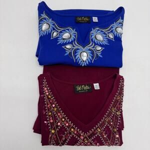 Bob Mackie V-Neck Top Rhinestone Embellished Embroidered XL (LOT OF 2) Red Blue